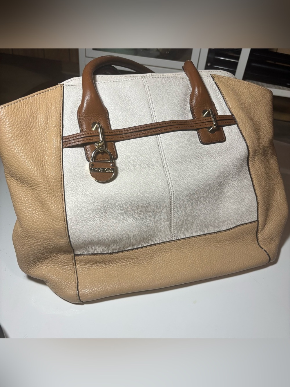 Calvin Klein White and Tan Leather Tote with Brown Handles